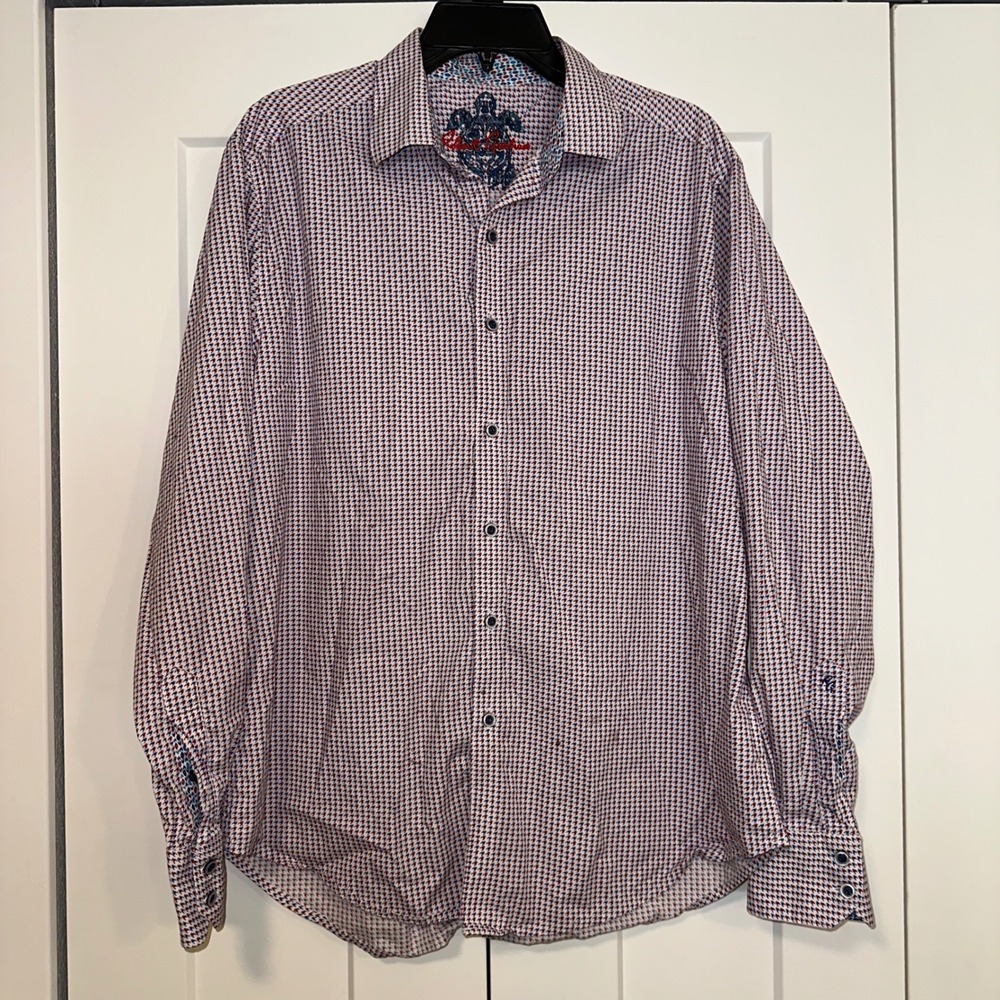 Robert Graham Mens‎ Classic Fit Button Up Shirt Houndstooth Red Blue Size L